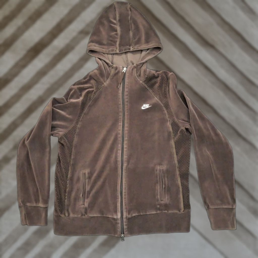Nike VINTAGE Nike Hoodie Womens Large Brown Velour Full Zip Y2K Sportswear Logo Size L / US 10 / IT 46 - 1 Thumbnail