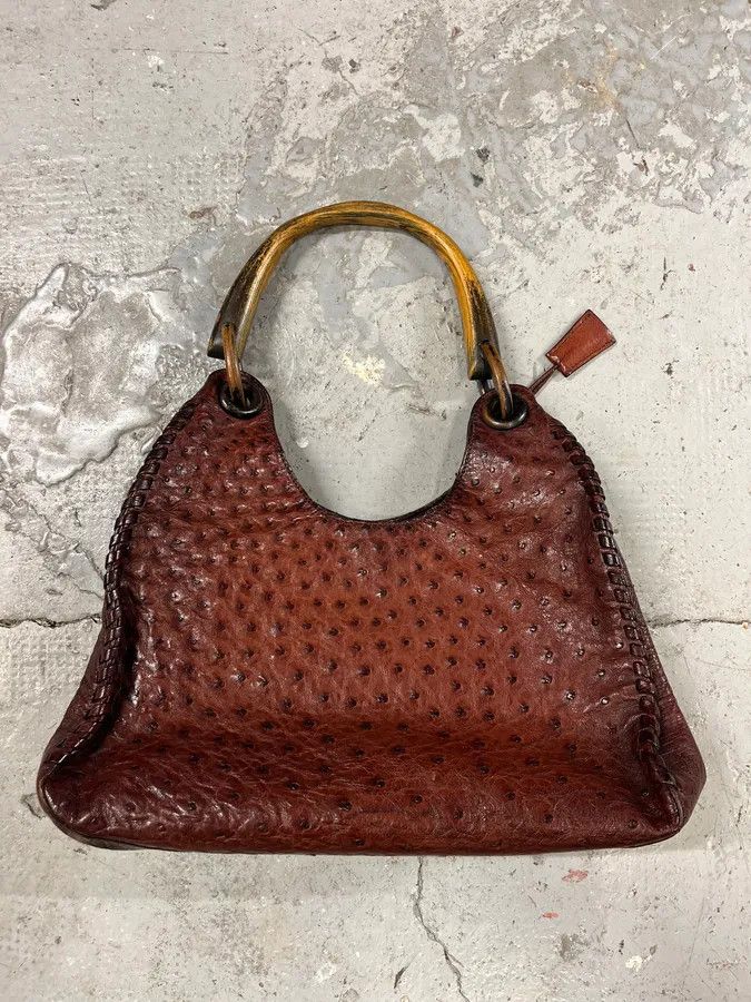 Archival Clothing x Gucci Fw2002 Gucci By Tom Ford Ostrich Leather Wood Top Handle Brown Bag in Red, Women's