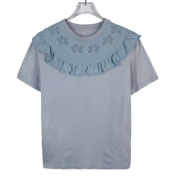 Miu Miu Miu Miu Blue Round Neck Short Sleeve T-Shirt With Ruffled Ho Size S / US 4 / IT 40 - 1 Thumbnail