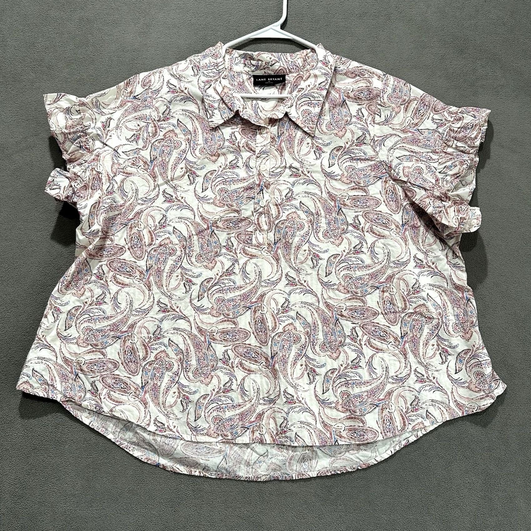 Vintage Lane Bryant Blouse Womens 20 Pink Paisley Rufffle Short Sleeve Collared Pullover Relaxed Plus Size Size 3XL / US 20-22 - 2 Thumbnail