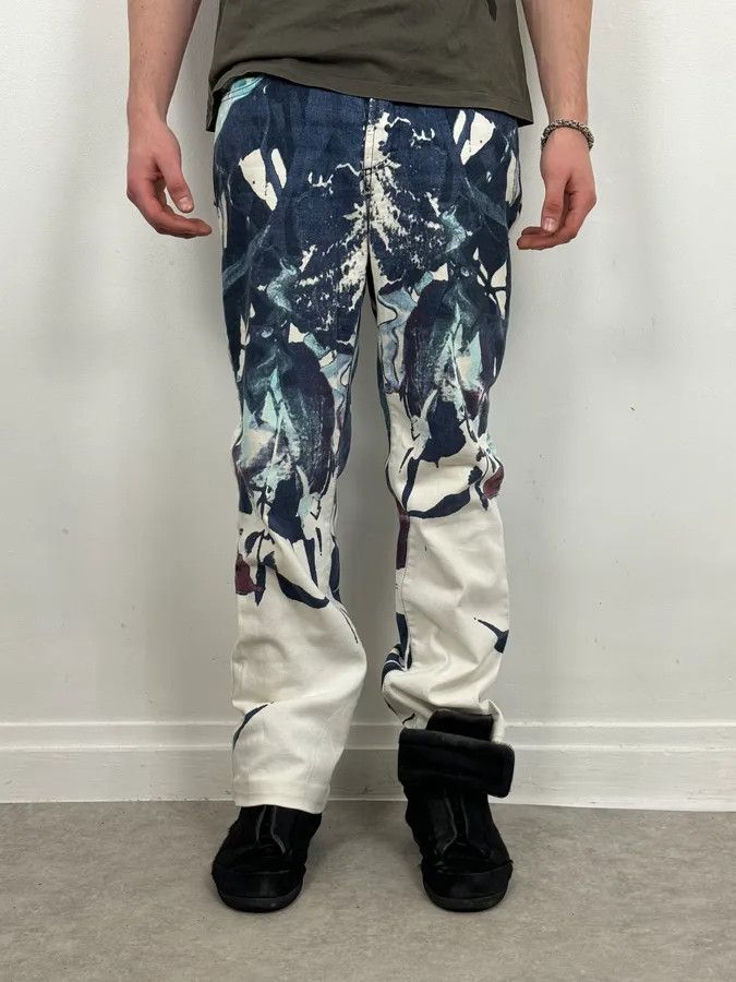 Just Cavalli 2000s Cavalli White Flowers Punk Navy Pants Size US 30 / EU 46 - 4 Thumbnail