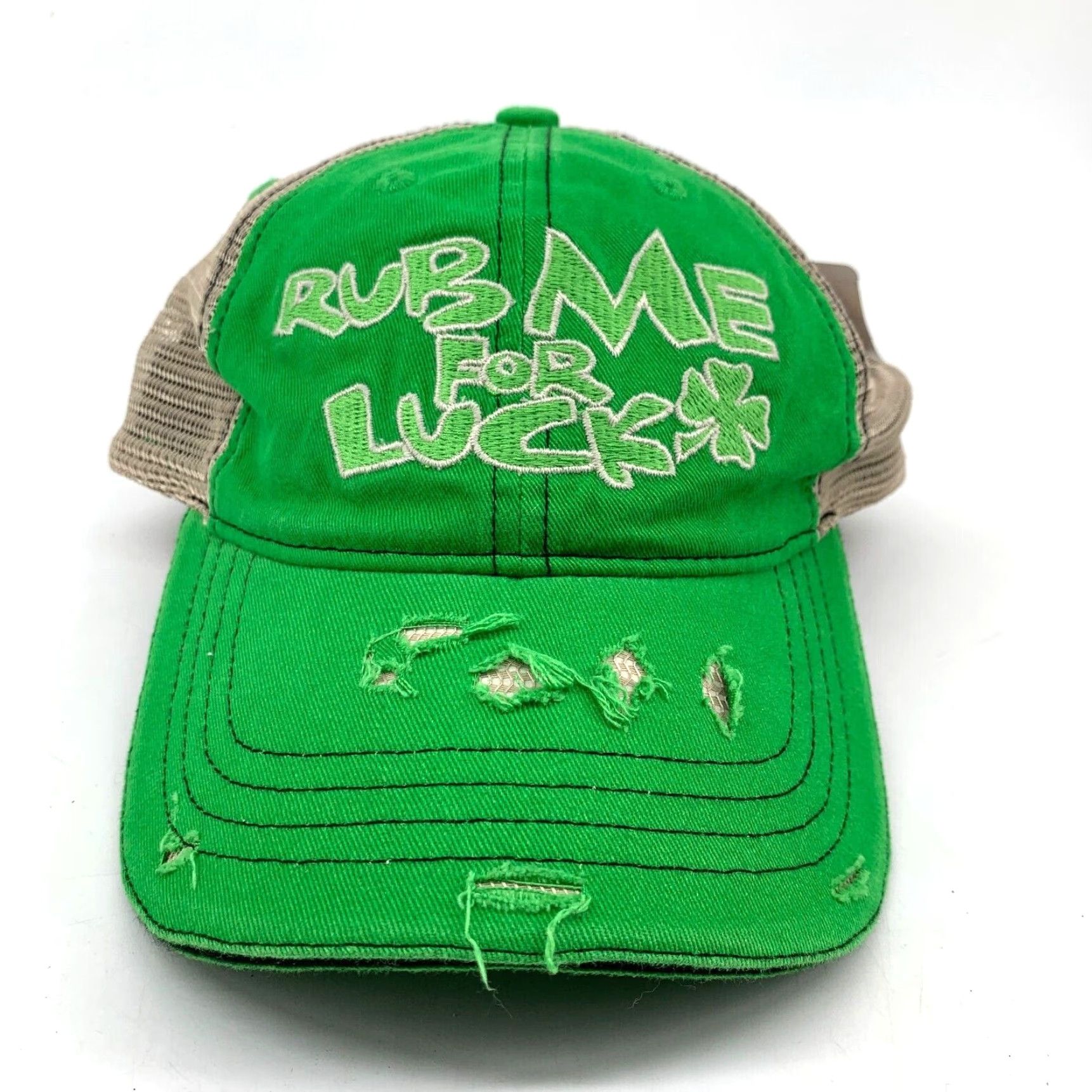 Vintage Rub Me For Luck Men's Green St. Patrick's Day Distressed Trucker Hat OS Size ONE SIZE - 2 Thumbnail