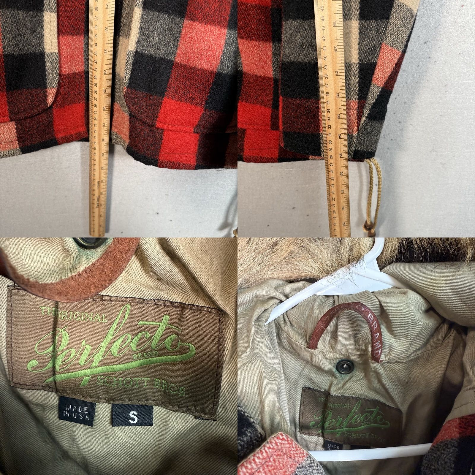 VINTAGE Schott Bros Plaid Wool Coat Adult Small Red Fur Hood Anorak Mens