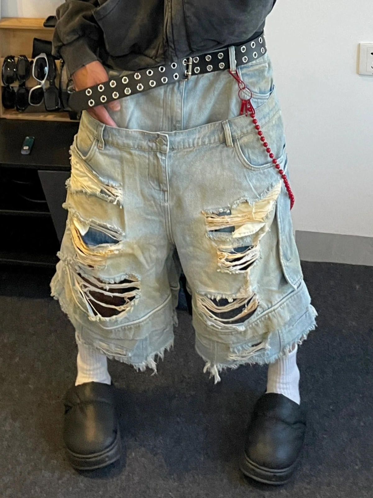 Light Blue Distressed Ripped Double Waist Jorts