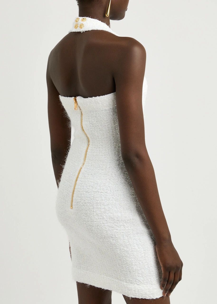 Balmain o1srvl11e1125 Cotton-blend Boucle Mini Dress in White Size L / US 10 / IT 46 - 3 Thumbnail