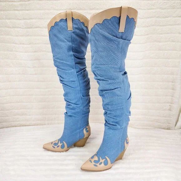 Western Denim OTK Thigh High Slouch Cowboy Boots (Size:7;)