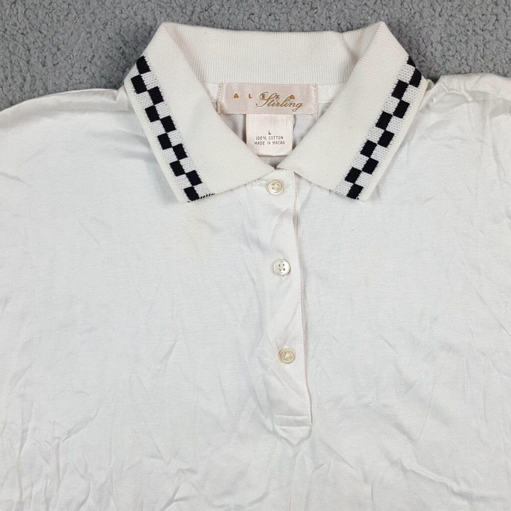 Vintage Alexa Stirling Polo Shirt Women's L White Checked Polo Shirt Short Sleeve Cotton Vintage 90s Golf Tennis Preppy Pullover Top Womens Size L / US 10 / IT 46 - 2 Thumbnail