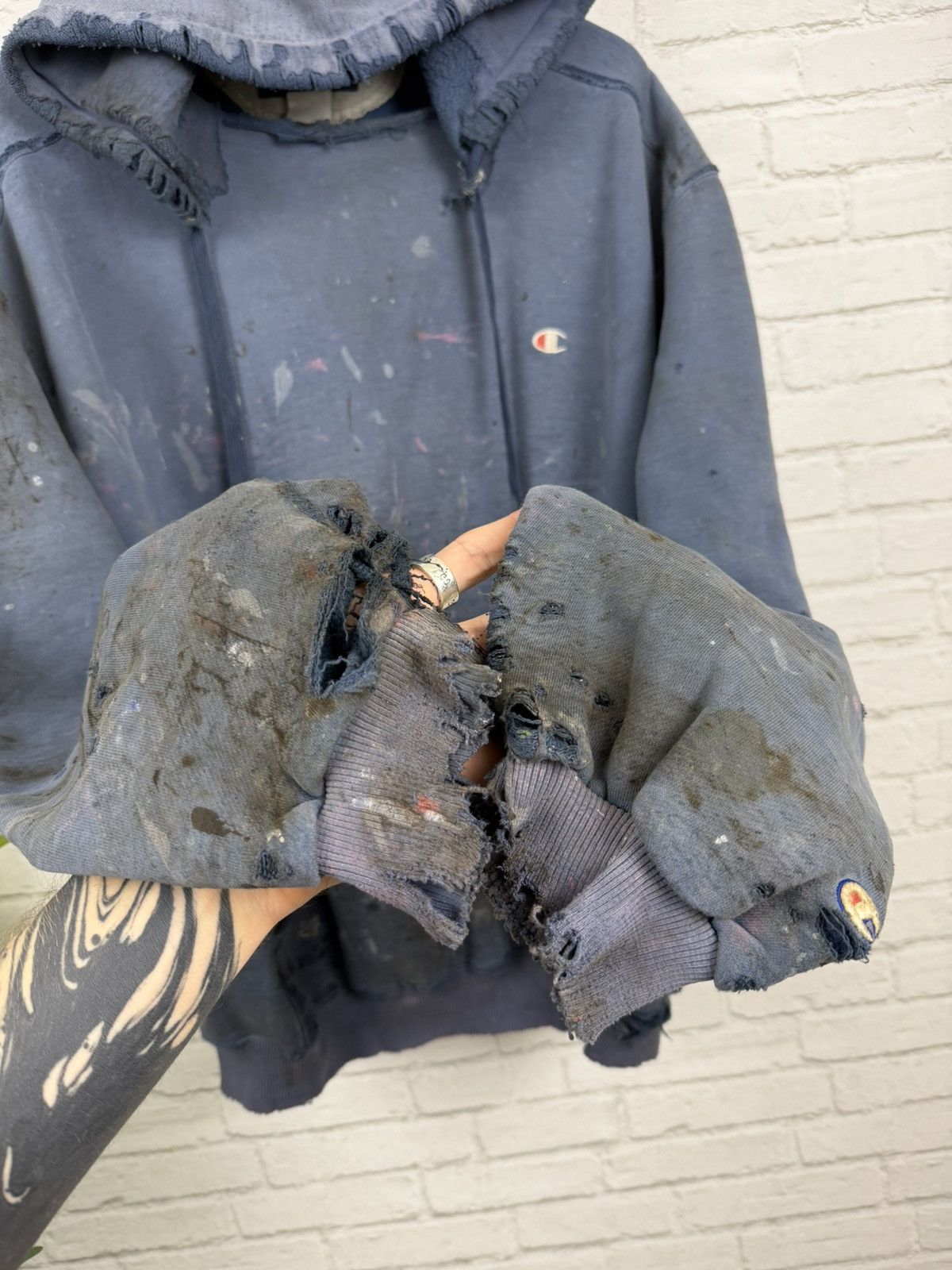 Champion (XL) APOCALYPTIC THRASHED OUT Faded Blue Champion Hoodie Size US XL / EU 56 / 4 - 5 Thumbnail