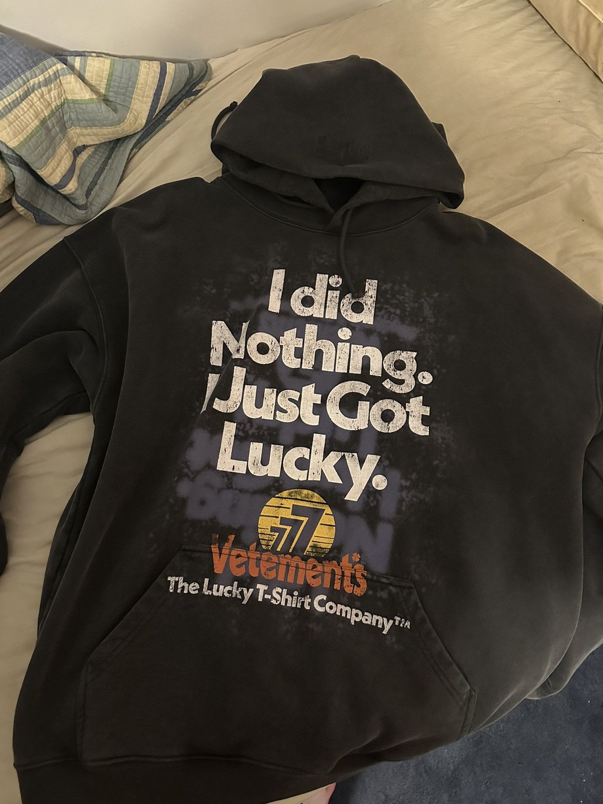 image of Vetements I Did Nothing I Just Got Lucky Hoodie in Grey, Men's (Size Small)