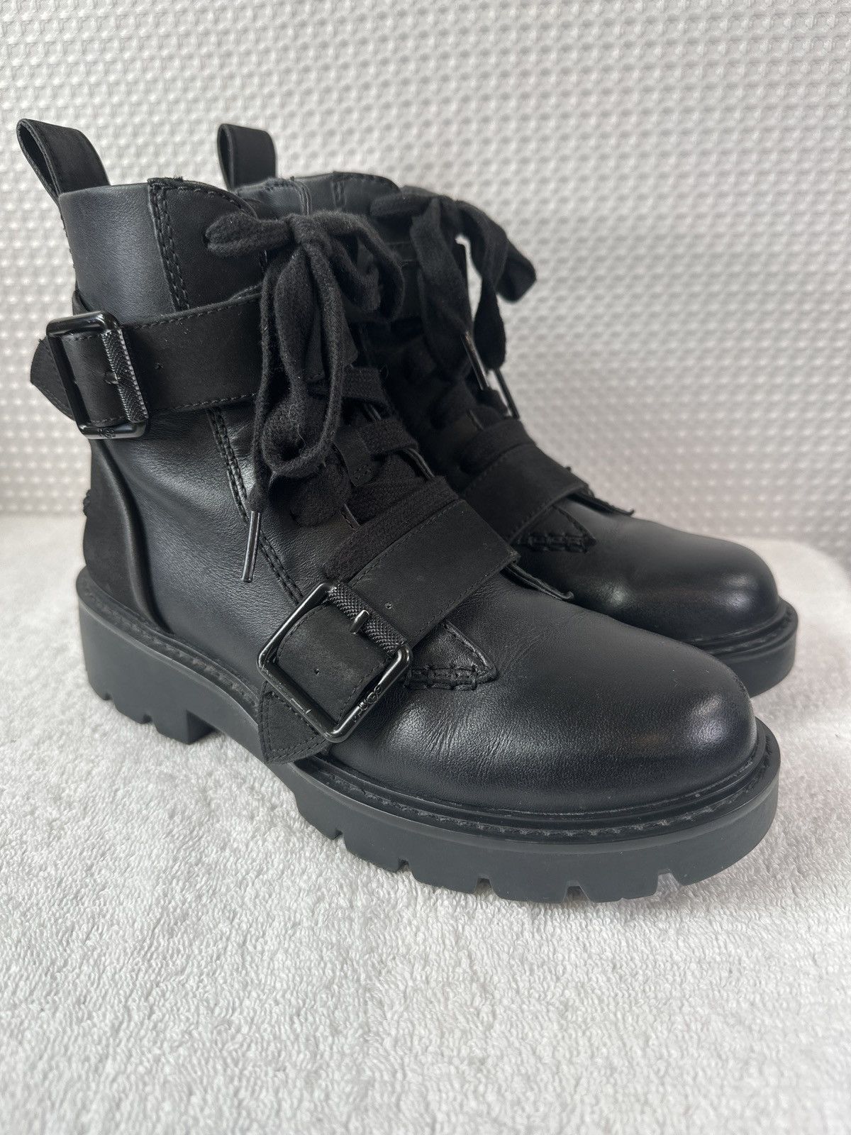 Ugg UGG Noe Black Leather Calf Hair Moto Combat Boots Size US 6 / IT 36 - 1 Thumbnail