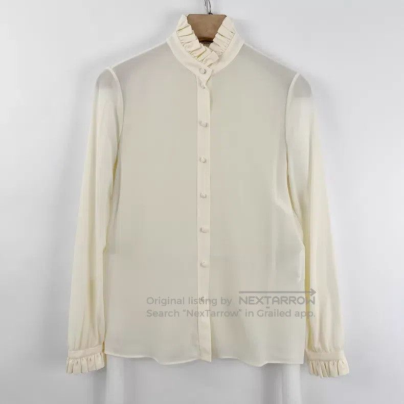 Saint Laurent Paris Saint Laurent Paris Beige Long Sleeve Shirt with Lace Trim Size XXS / US 00 / IT 34 - 1 Thumbnail