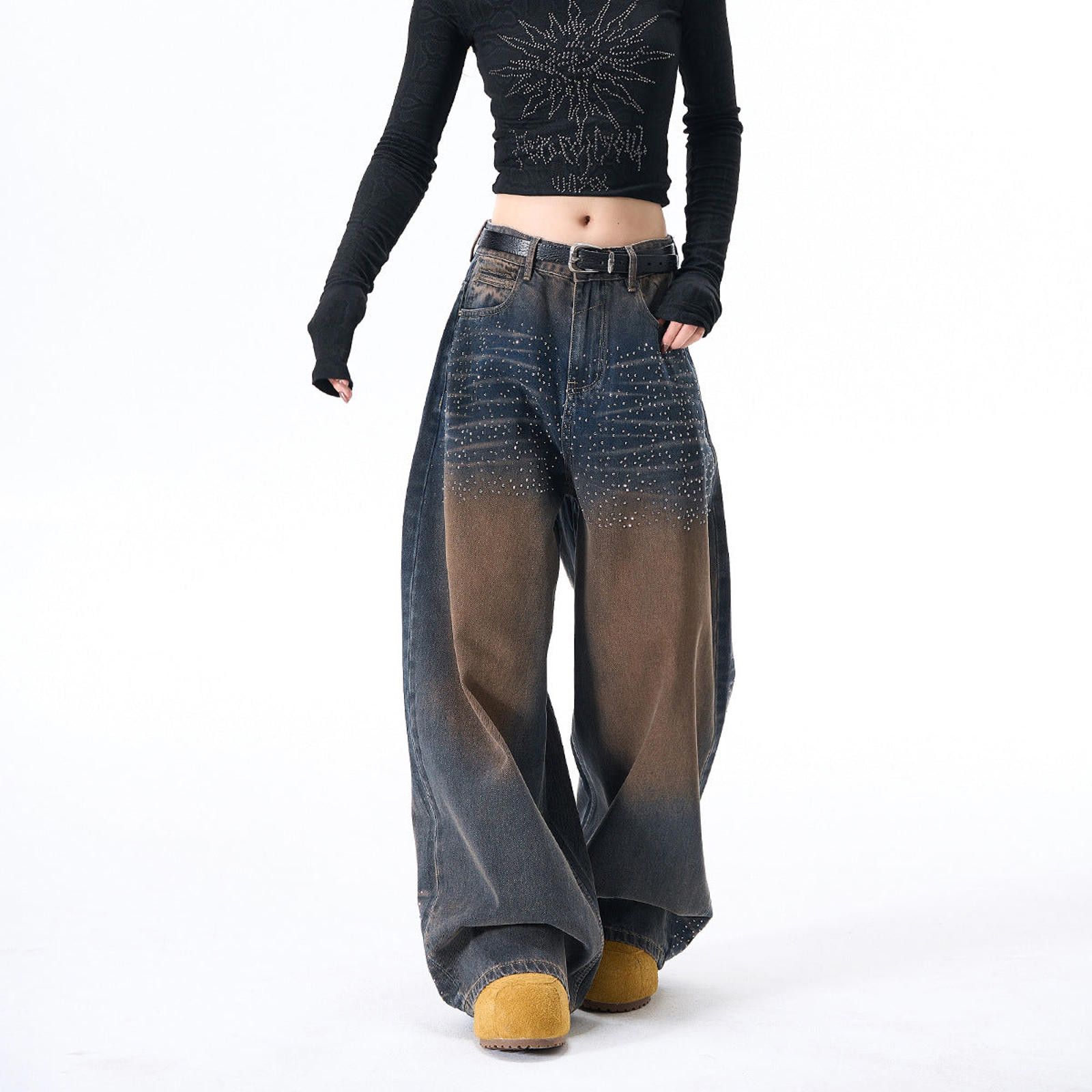 Vintage Wide Leg Baggy Denim Jeans, Studded Baggy Jeans Size 28" / US 6 / IT 42 - 1 Thumbnail