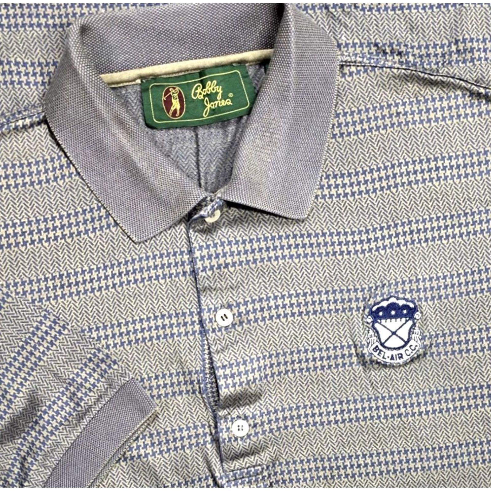 Vintage Bobby Jones Bel-Air C.C Embroidered Polo Shirt L Gray Houndstooth Button-Up Short Sleeve Italy Vintage Mens Size US L / EU 52-54 / 3 - 2 Thumbnail