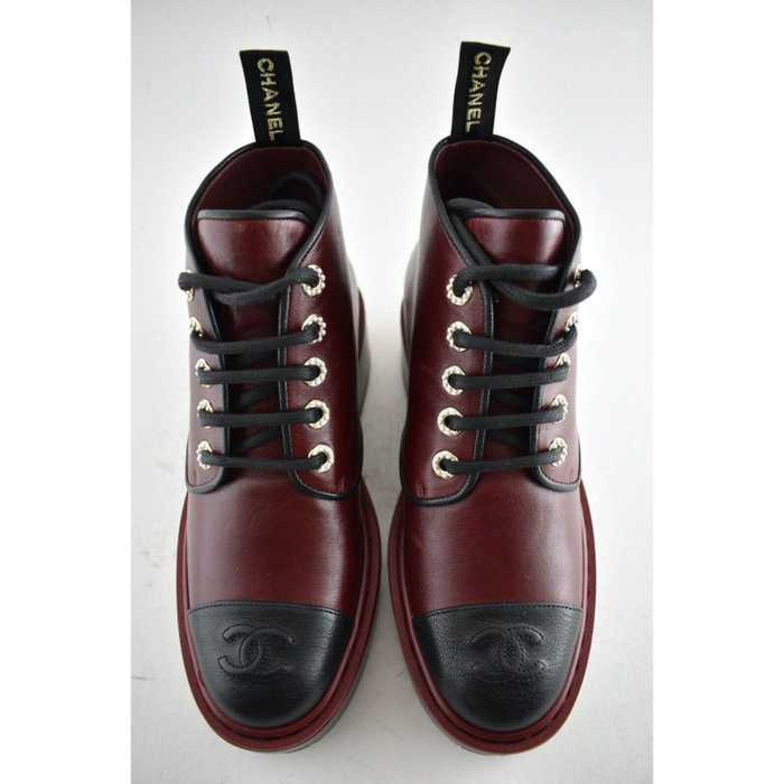 Chanel Chanel 20B Red Black Leather Pearl CC Combat Lace Up Tie Size US 6.5 / IT 36.5 - 3 Thumbnail