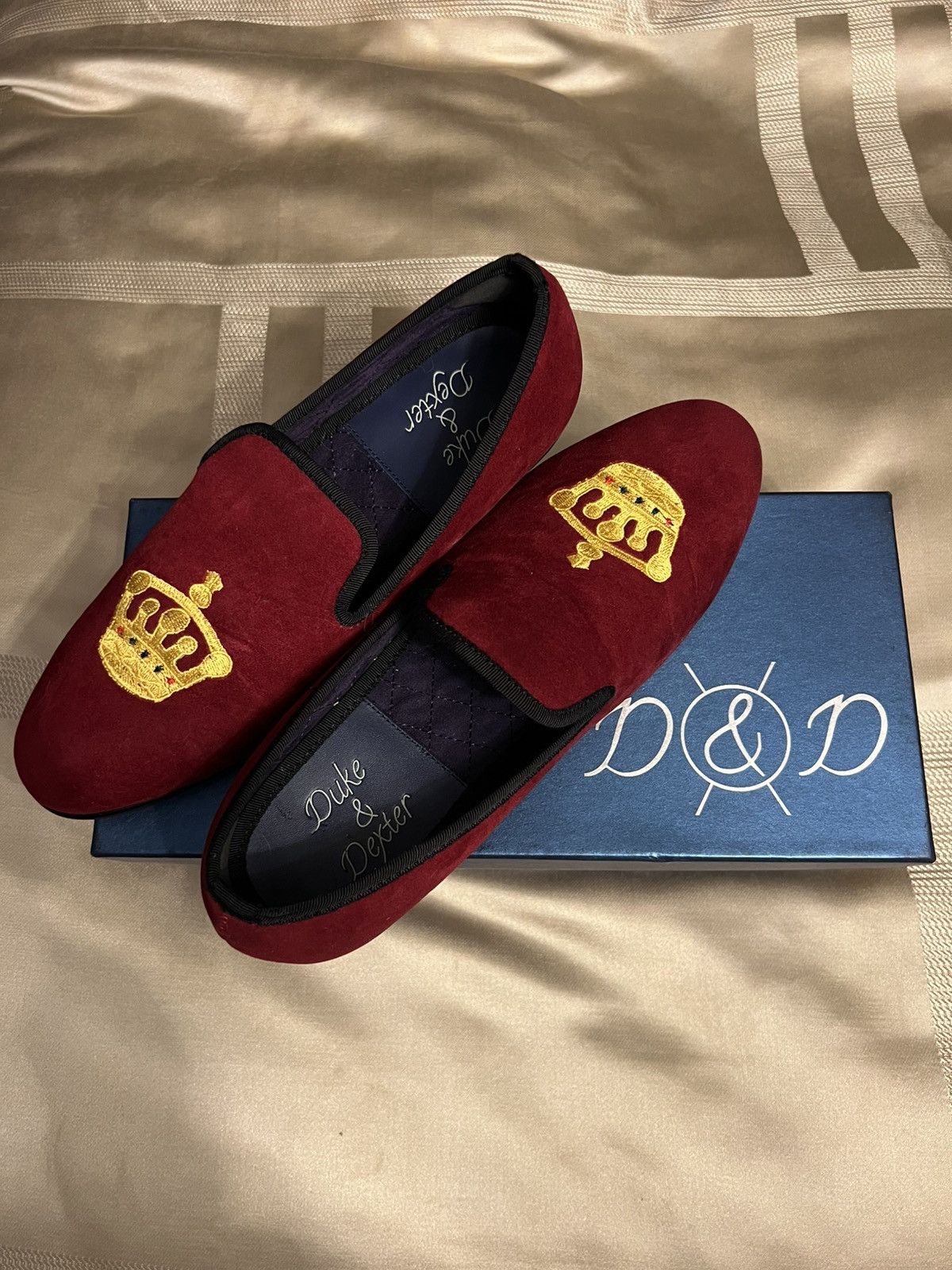 Handmade Duke and Dexter Burgundy/Red Velvet Loafers Crown