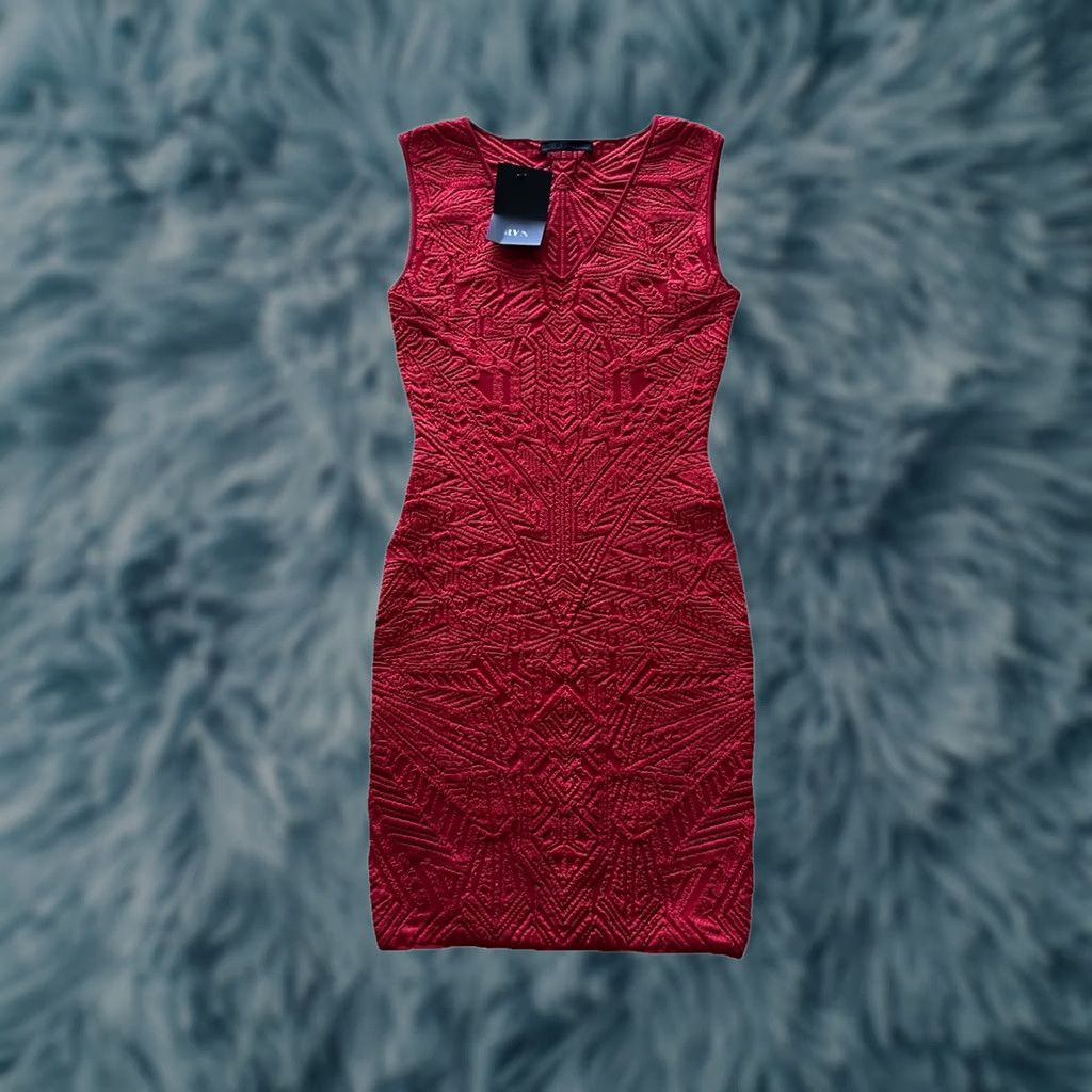 Vintage RVN Bodycon Dress Women M Red Abstract Jacquard Scoop Neckline Cap Sleeveless NWT Size M / US 6-8 / IT 42-44 - 1 Thumbnail
