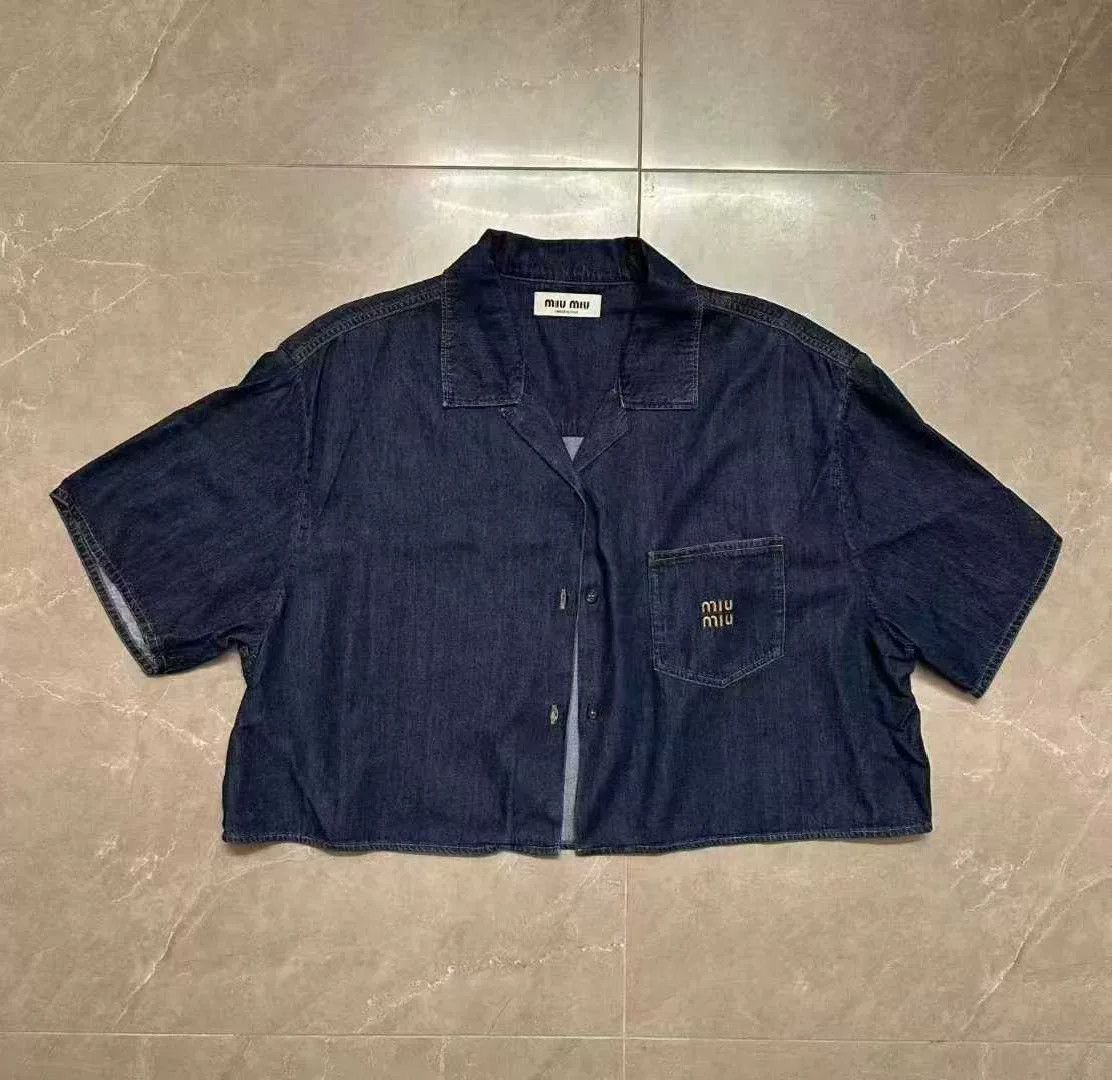 miumiu embroidered logo denim short sleeve shirt