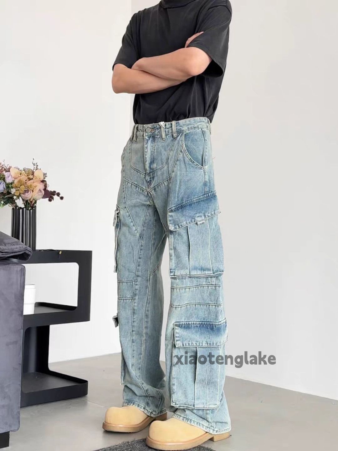 Jean Unisex washed faded loose baggy hiphop cargo jeans Size US 32 / EU 48 - 1 Thumbnail