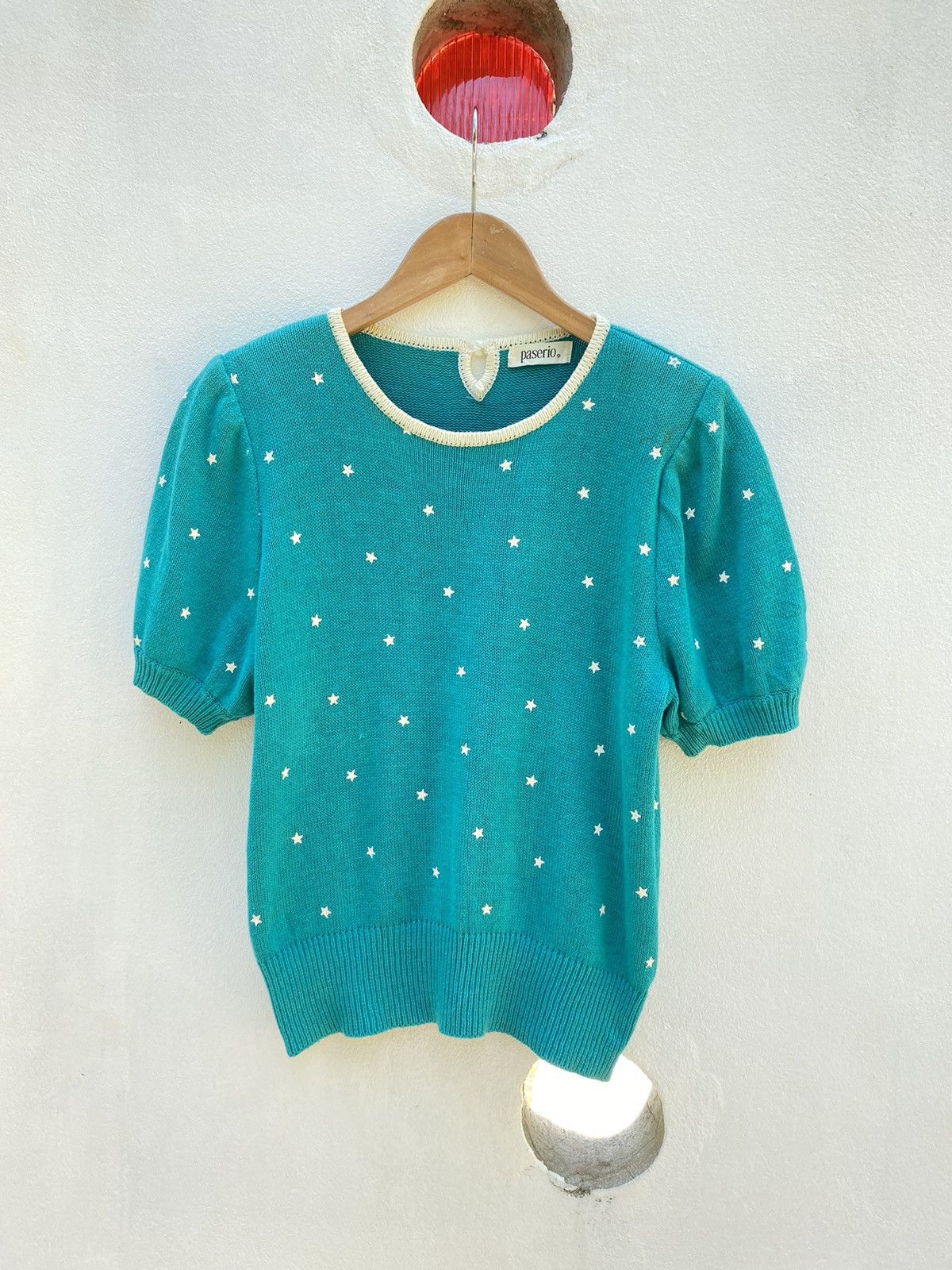 Vintage Paserio Teal Puff Sleeve Knit Top with Star Pattern Size S / US 4 / IT 40 - 20 Thumbnail