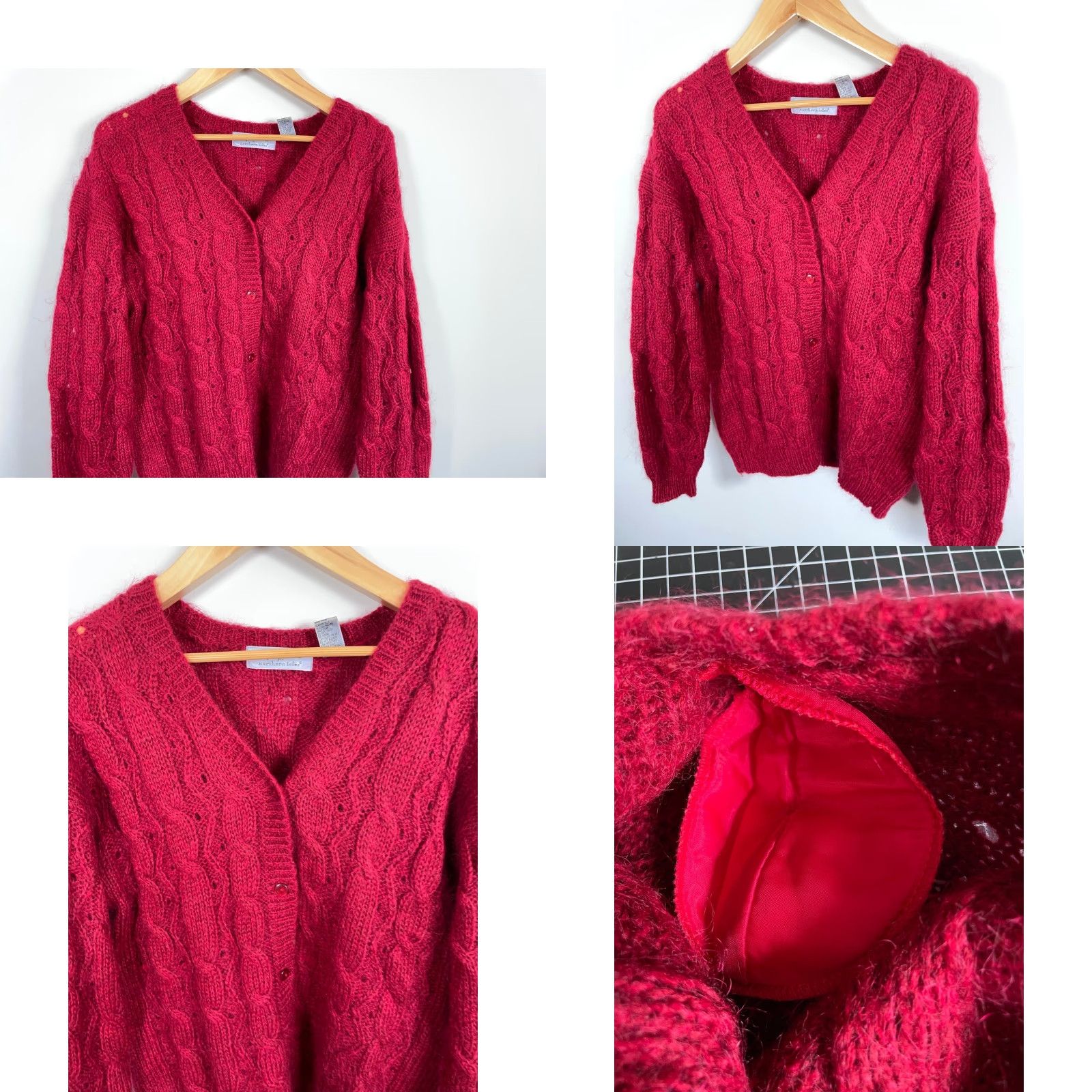 Vintage VINTAGE Northern Isles Cardigan Women's Large Red Mohair-Blend Chunky Knit Cardigan Crew Neck 90s Retro Size L / US 10 / IT 46 - 8 Thumbnail