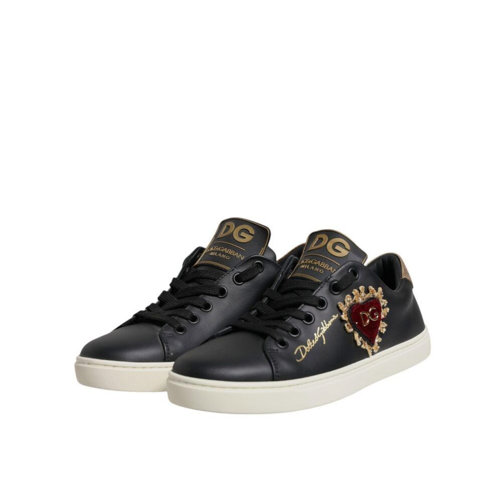 Dolce & Gabbana Dolce & Gabbana Black Leather Gold Red Heart Sneakers Shoes Size US 5 / IT 35 - 4 Thumbnail