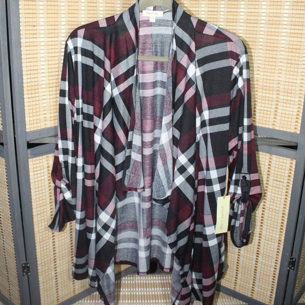 Other Paper+Tee Black White & Claret Plaid Open Waterfall Cardigan Size XL / US 12-14 / IT 48-50 - 1 Thumbnail
