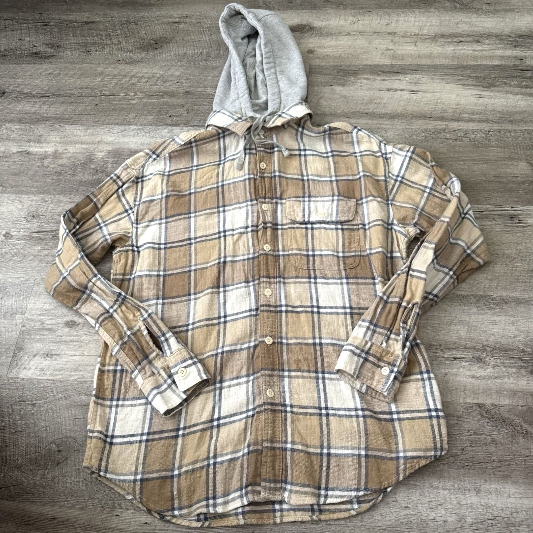 American Eagle Outfitters American Eagle Outfitters Hooded Flannel Shirt Mens M Plaid Removable Hood Super Soft Beige 2-in-1 Casual Cabin Core Size US M / EU 48-50 / 2 - 7 Thumbnail