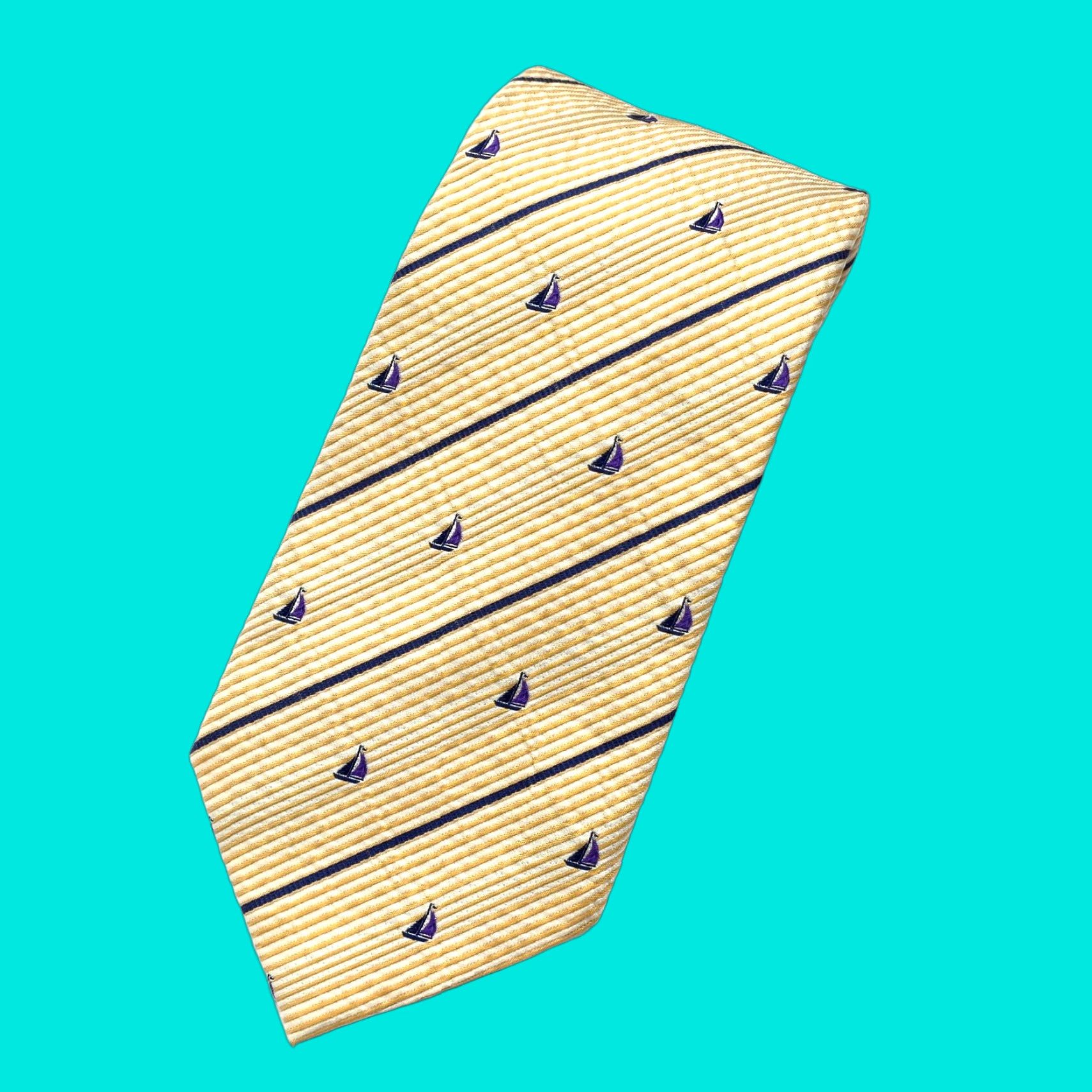 Vintage Paul Fredrick Necktie Mens Yellow Designer Tie Sail Boats Striped Preppy 59" X 3.75" Silk Tie Mens Size ONE SIZE - 1 Thumbnail
