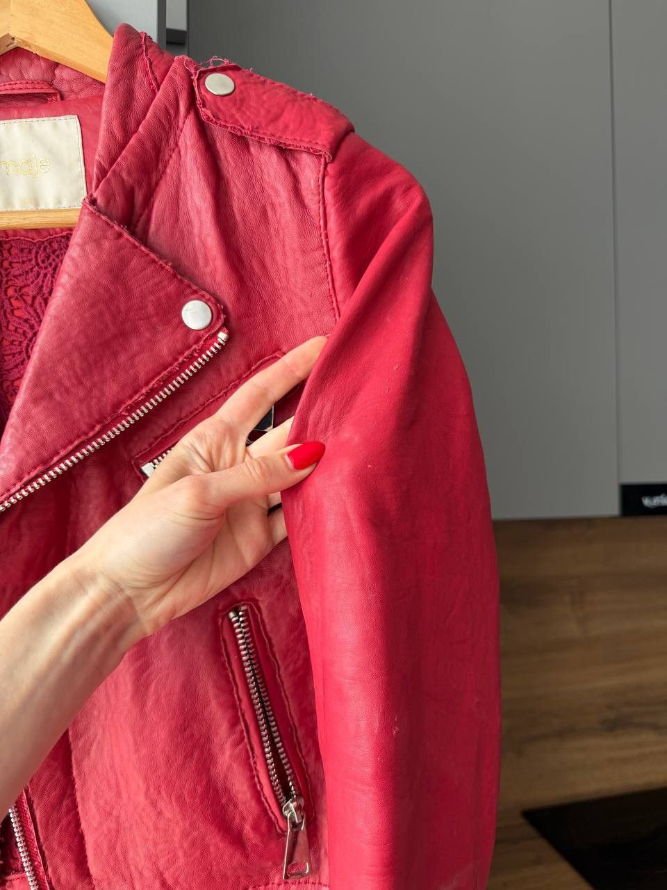 Maje Maje Embroidered Leather Biker Jacket Red Size XS / US 0-2 / IT 36-38 - 3 Thumbnail