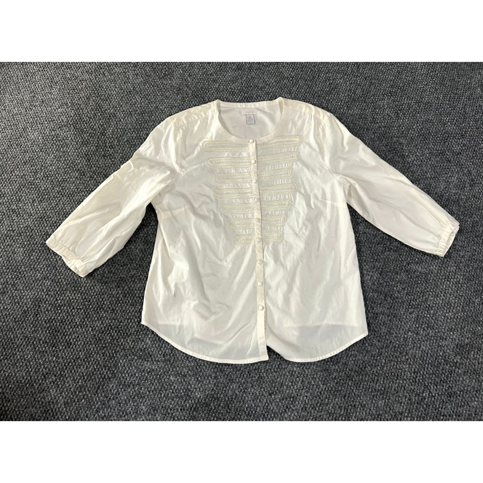 Vintage Chico's Blouse Women 2 White Sheer Embroidered Long Sleeve Round Neck Casual Cotton Button Size XS / US 0-2 / IT 36-38 - 2 Thumbnail