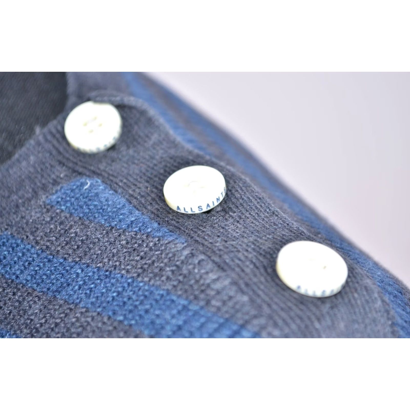 Allsaints AllSaints Sweater Mens Knit Button Striped Cotton Blue Florin Crewneck Sz L Size US L / EU 52-54 / 3 - 6 Thumbnail