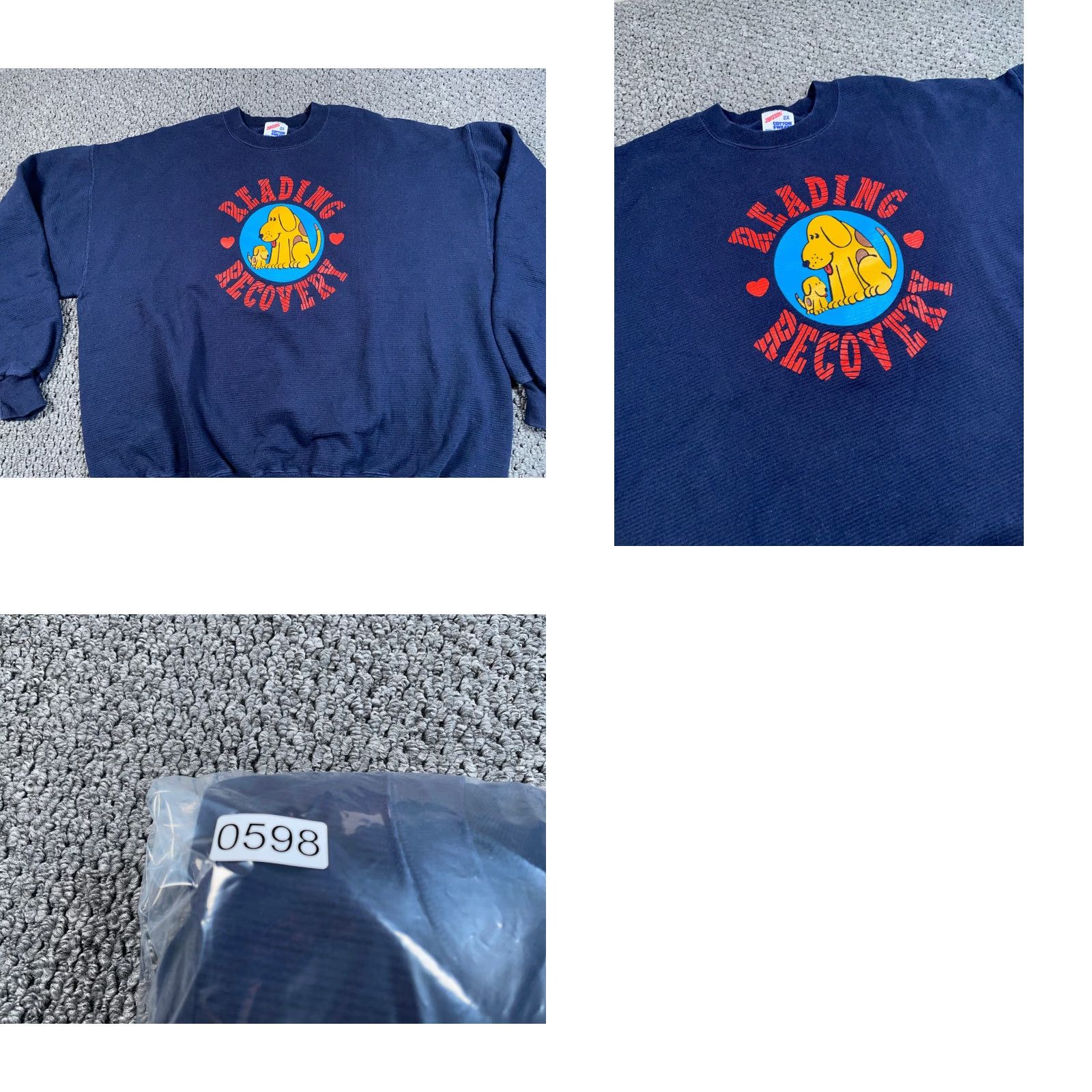 Jerzees VINTAGE Jerzees Sweatshirt Reading Recovery Dog Print Adult 2X Dark Blue Crewneck USA Tag Mens Big & Tall Size US XXL / EU 58 / 5 - 9 Thumbnail