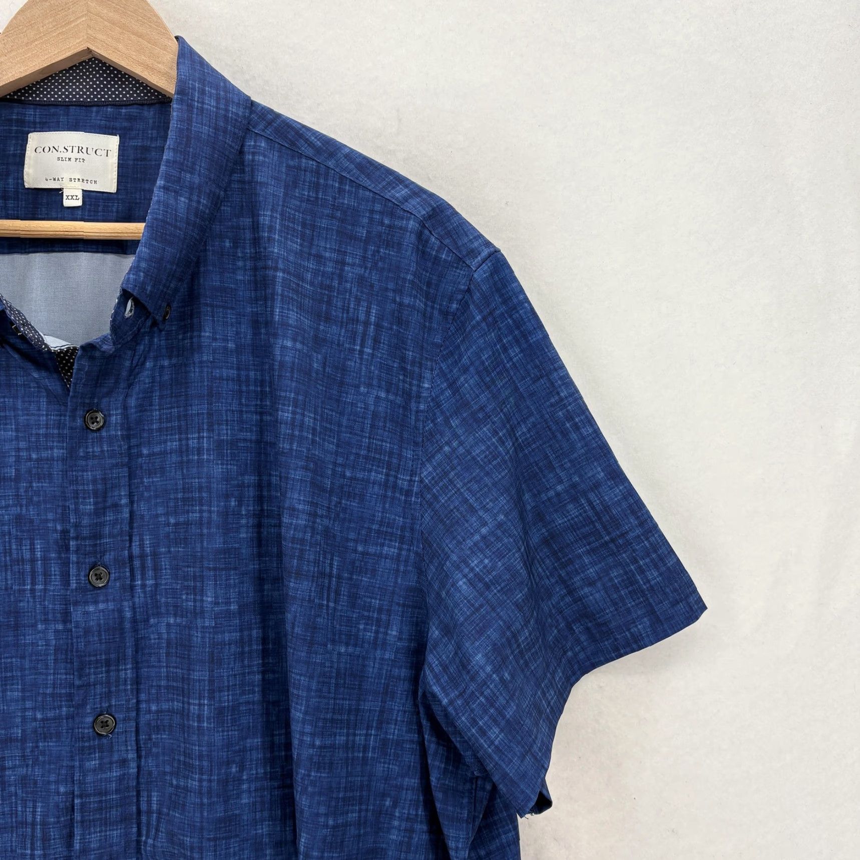 Vintage CON.STRUCT Shirt Mens 2XL Blue Geometric Short Sleeve Button Up Slim Stretch Size US XXL / EU 58 / 5 - 2 Thumbnail