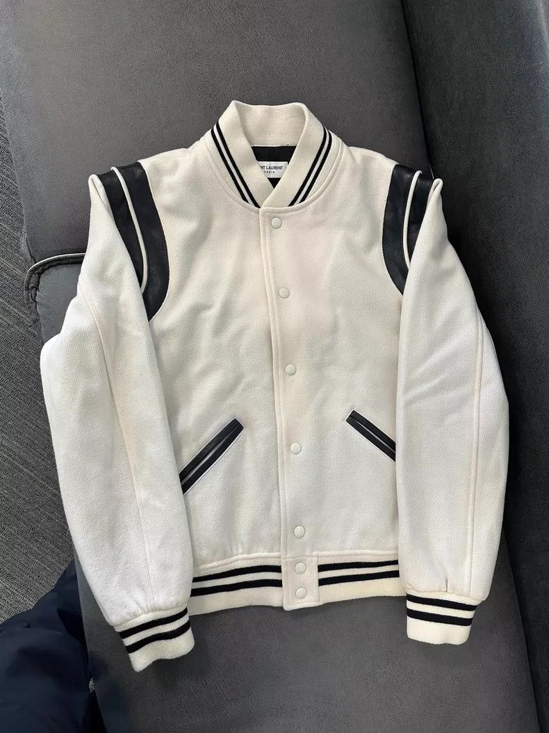 Saint Laurent Paris Saint Laurent White Wool Leather Baseball Jacket Size US XXL / EU 58 / 5 - 1 Thumbnail