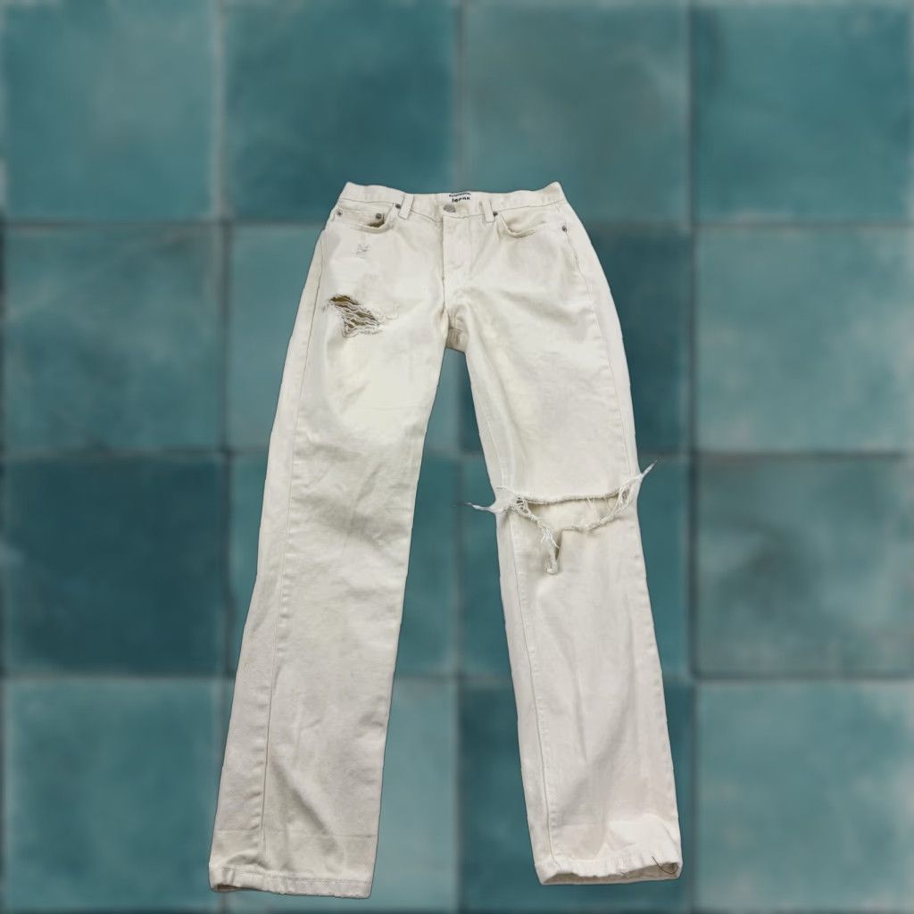 Reformation Reformation Jeans Women's 28 Straight Distressed Ripped Knee Ivory Made in USA Size 28" / US 6 / IT 42 - 1 Thumbnail