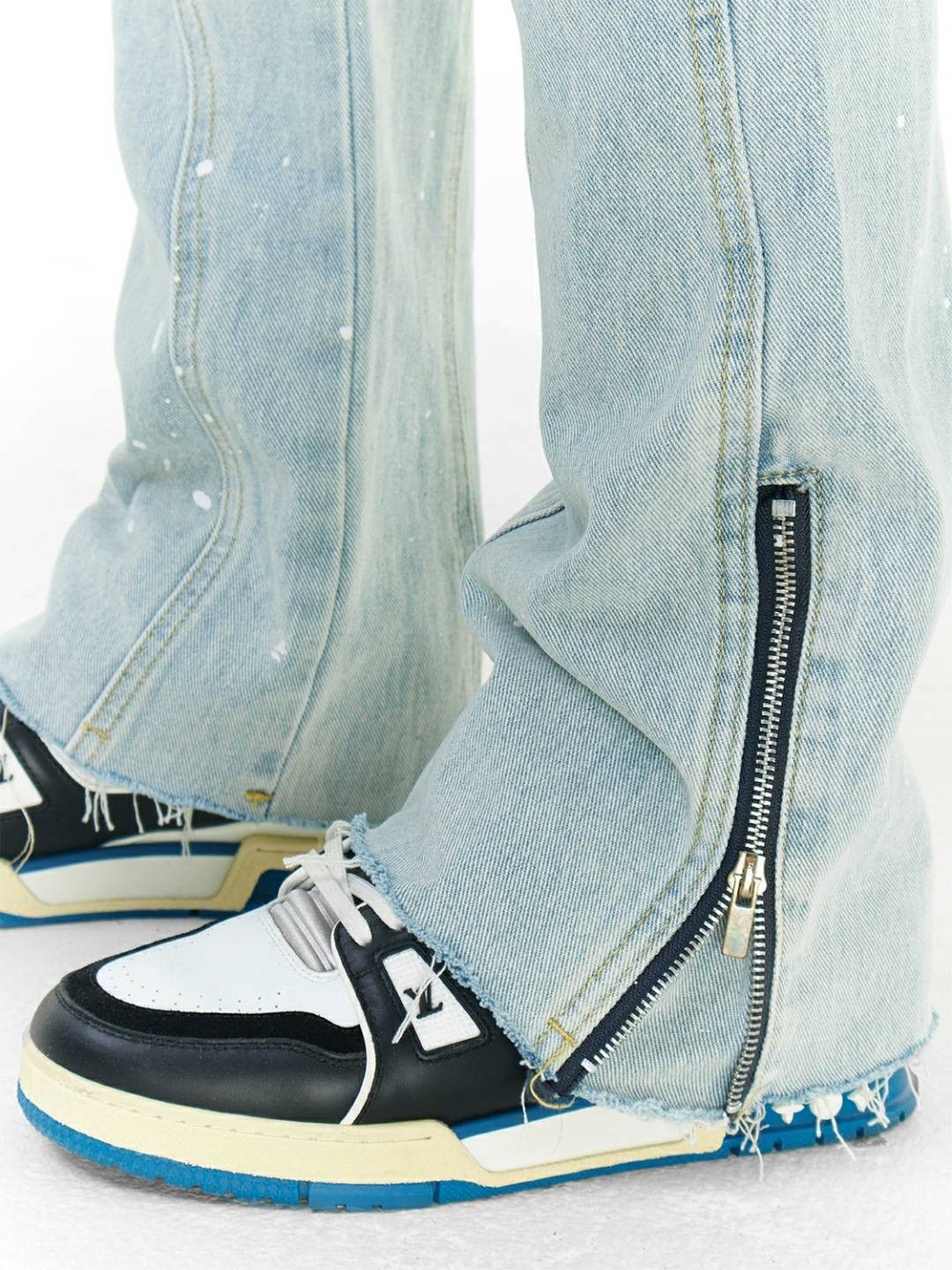 patchwork flared damaged paint jeans