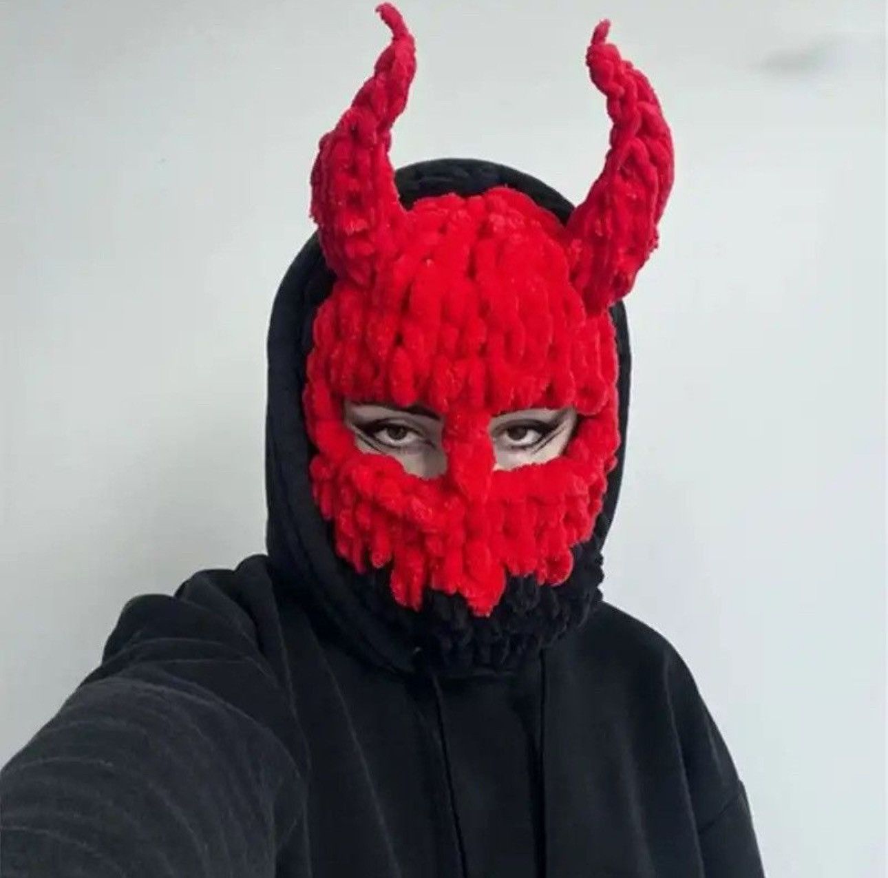 Handmade × Japanese Brand Devil balaclava with horns . Scull ski mask . Knitt mask Size ONE SIZE - 1 Thumbnail