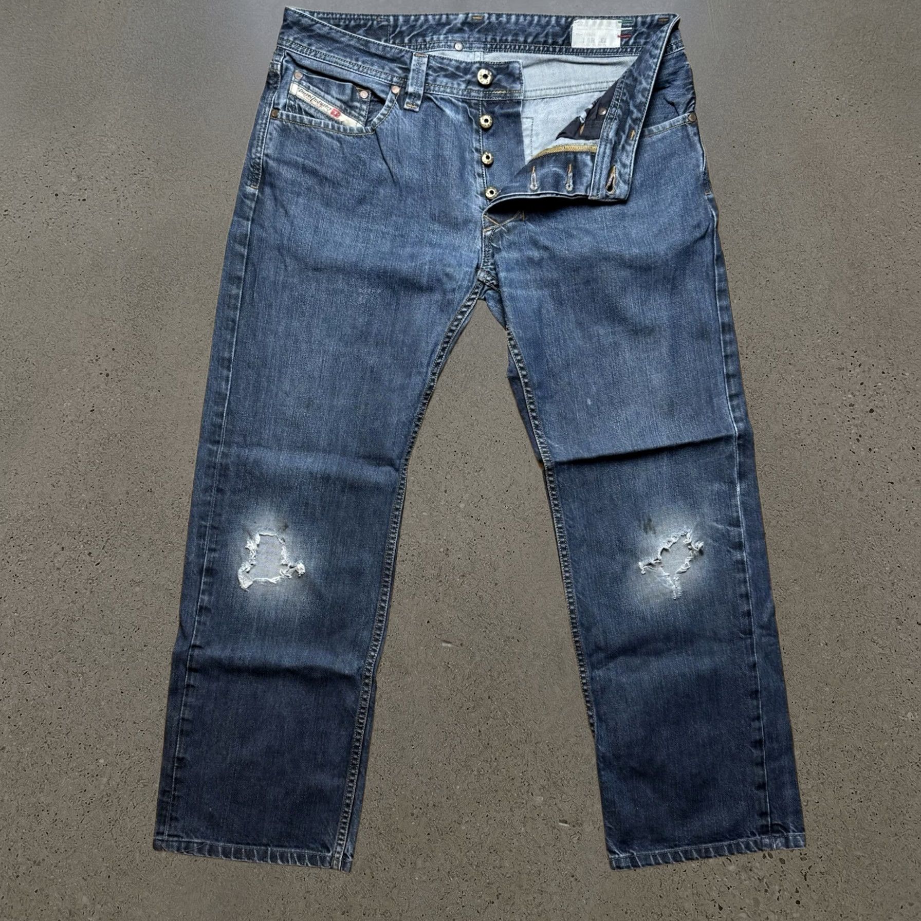 Diesel Jeans Mens 32 Dark Blue Larkee Straight Leg Distressed Denim 008z8, Men's
