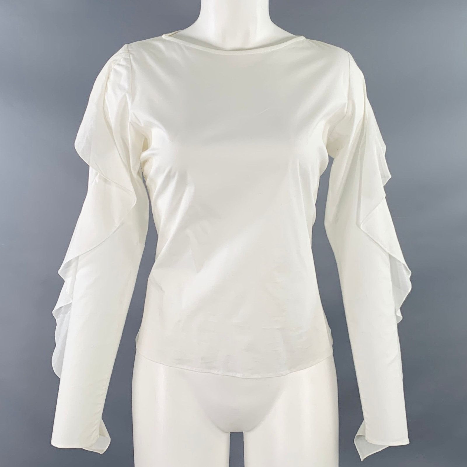 ANNE FONTAINE Seleste White Cotton Blend Ruched Ruffled Long Sleeve Top Size S / US 4 / IT 40 - 1 Thumbnail