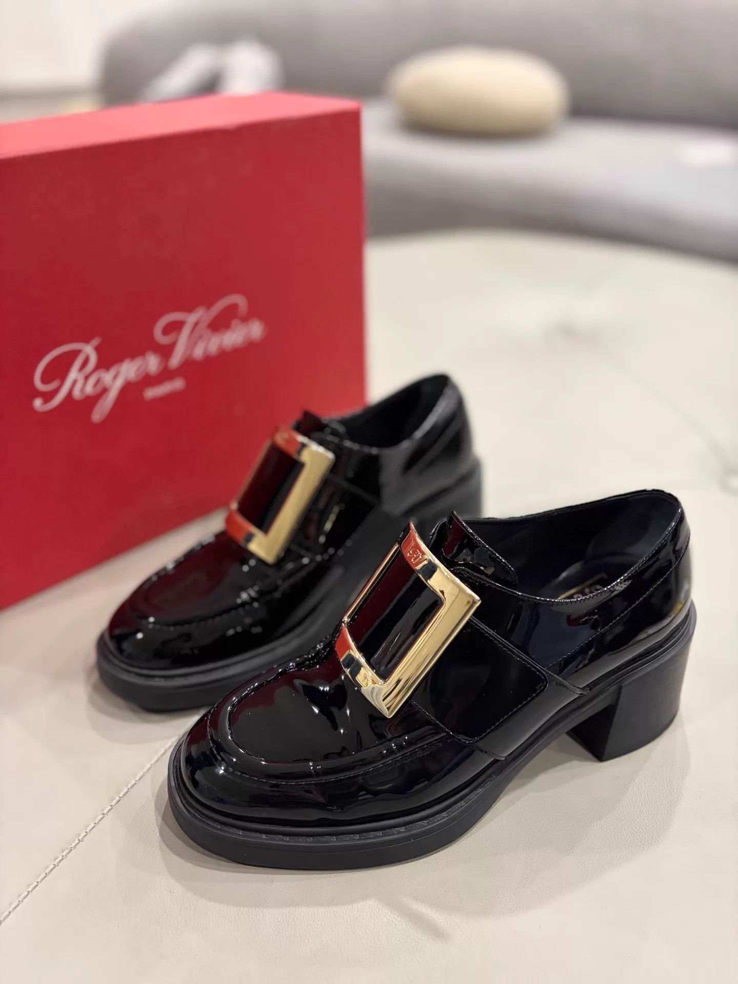 Roger Vivier RV Black Patent Block Heel Ankle Loafer 36.5 Size US 6 / IT 36 - 1 Thumbnail