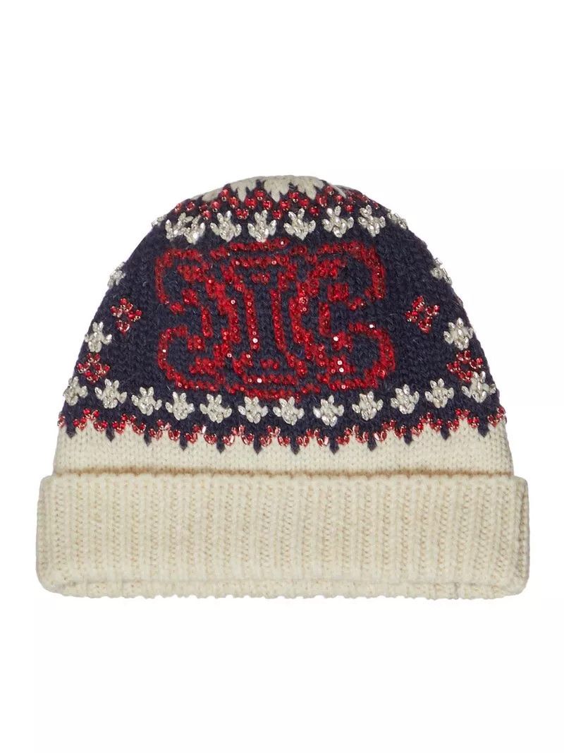 Celine CELINE Off White/Navy/Red Wool Embroidered Beanie New Size ONE SIZE - 1 Thumbnail