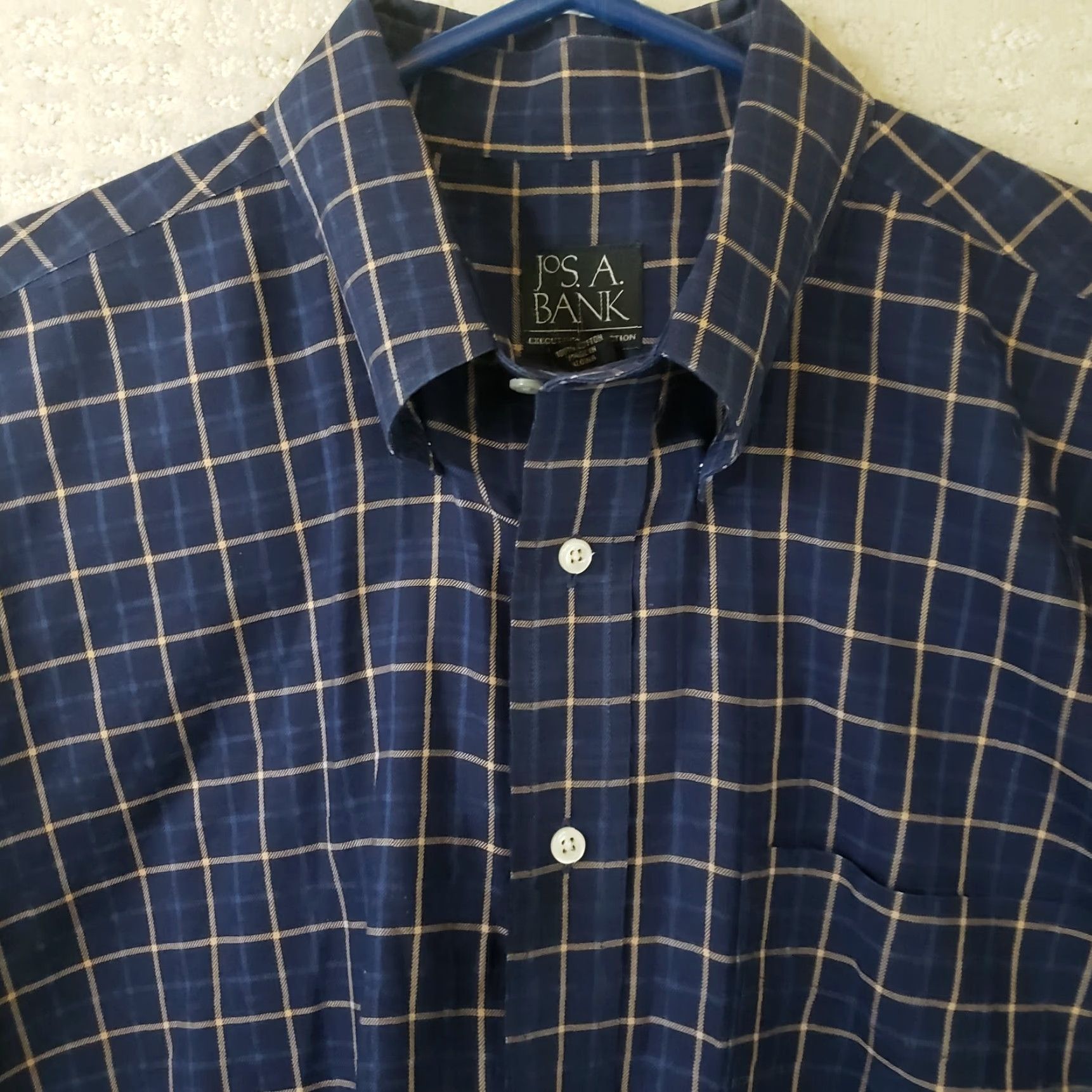 Jos. A. Bank Jos. A. Bank Executive Edition Mens L Button-Down Dress Shirt Plaid Blue Yellow 100% Cotton Convertible Cuff Long Sleeve Regular Fit Size 42R - 4 Thumbnail