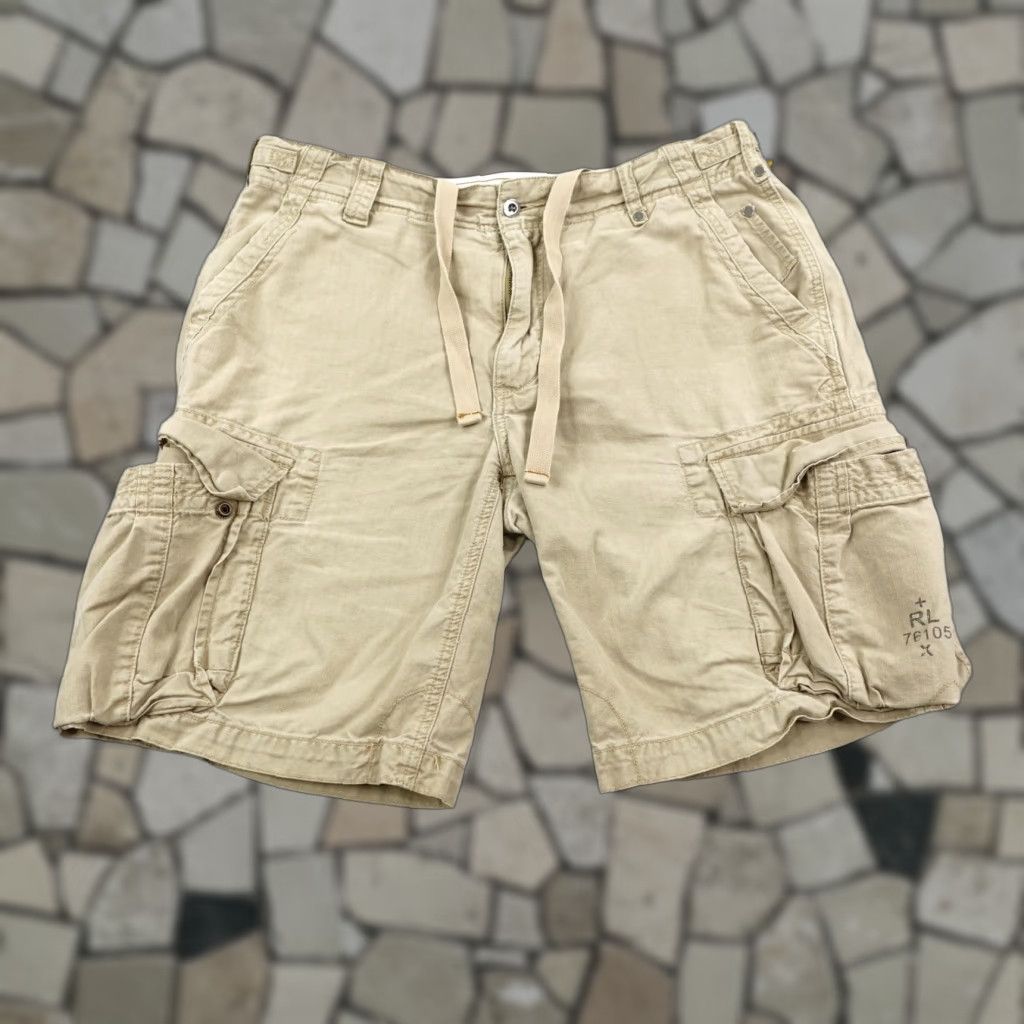 VINTAGE Polo Ralph Lauren Shorts Cargo Paratrooper Military Drawstring Mens 34 Beige Outdoor Herringbone Pockets Adjustable Waist 10