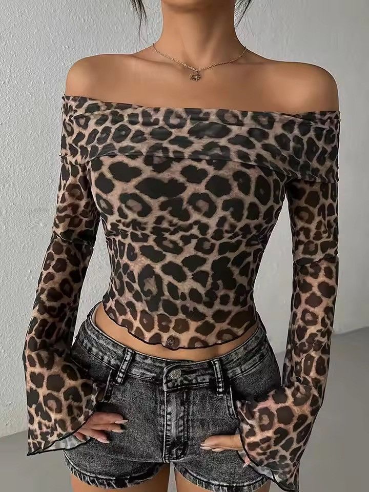 Japanese Brand Sexy Leopard Print Off-Shoulder Top | Trendy & Club Wear Size M / US 6-8 / IT 42-44 - 1 Thumbnail
