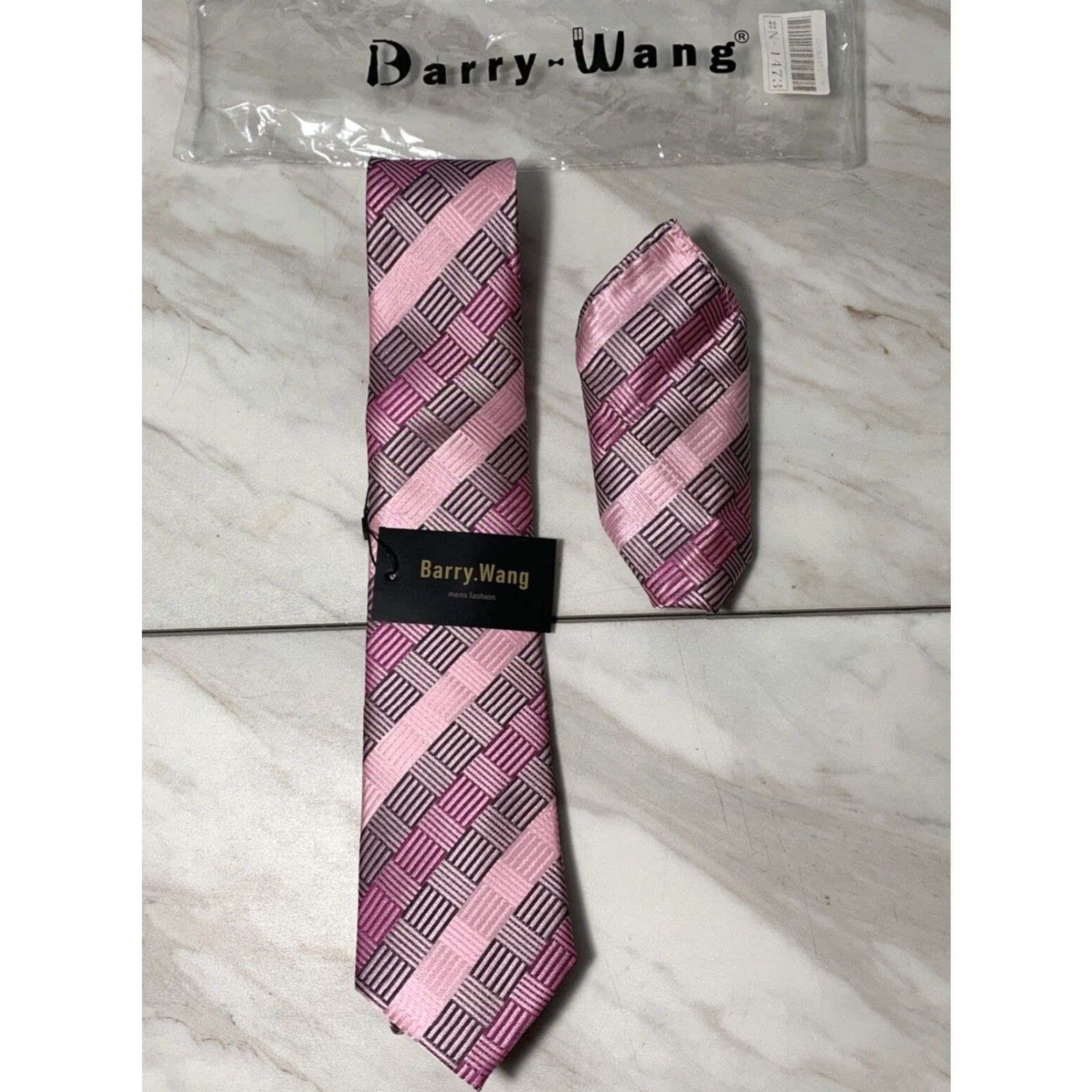 Vintage Barry Wang Designer Tie Set Men's Necktie Handkerchief Gray Pink 100% Silk NEW Size ONE SIZE - 6 Thumbnail
