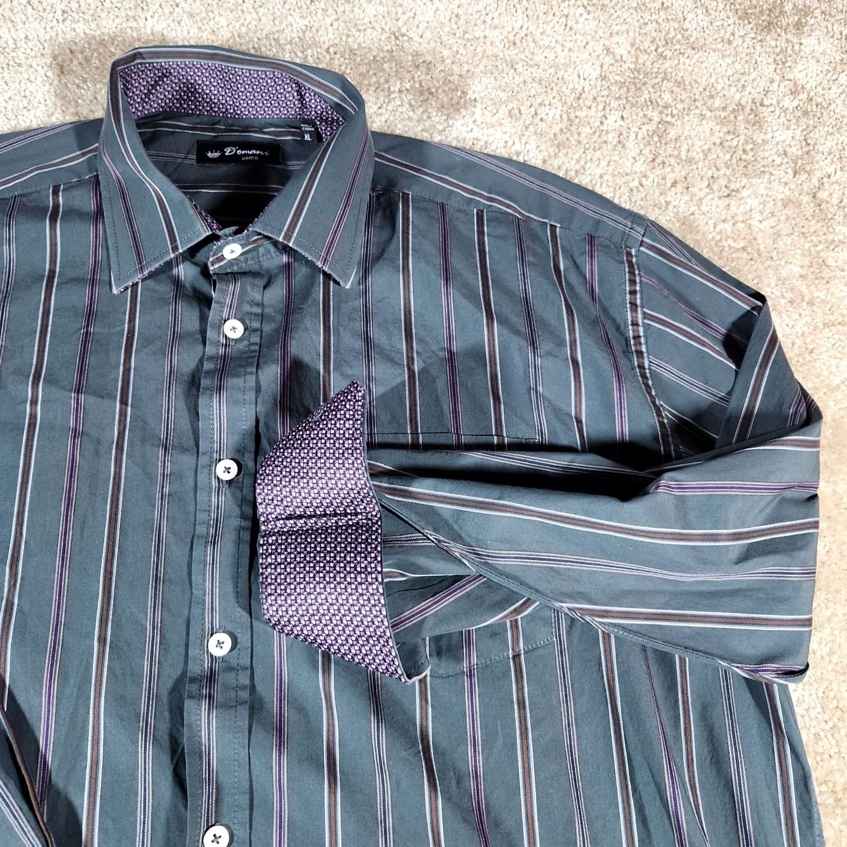 Vintage Domani Uomo Shirt Flip Cuff XL Green Striped Cotton Button-Up Men's Size US XL / EU 56 / 4 - 2 Thumbnail