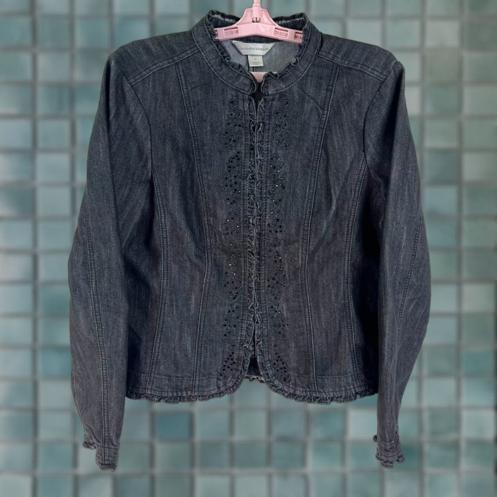 Vintage VINTAGE Christoper & Banks Black Jean Jacket Blazer Size M Embroidered Ruffle Sequin - Women Blazer Denim 90s Theme Size 32" / US 10 / IT 46 - 1 Thumbnail