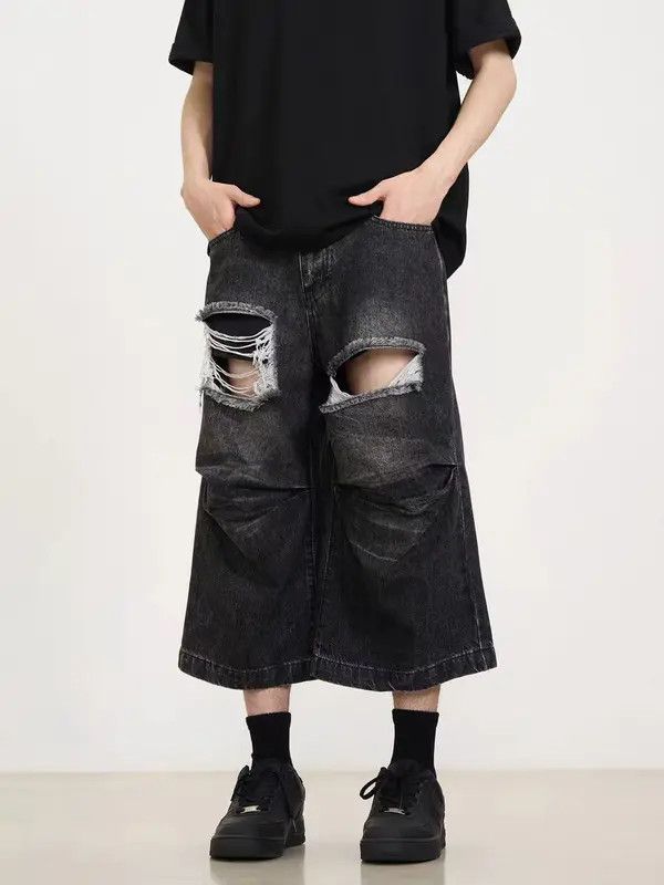 Japanese Brand VIBE Washed ripped and pleated black baggy denim shorts Size US 32 / EU 48 - 6 Thumbnail