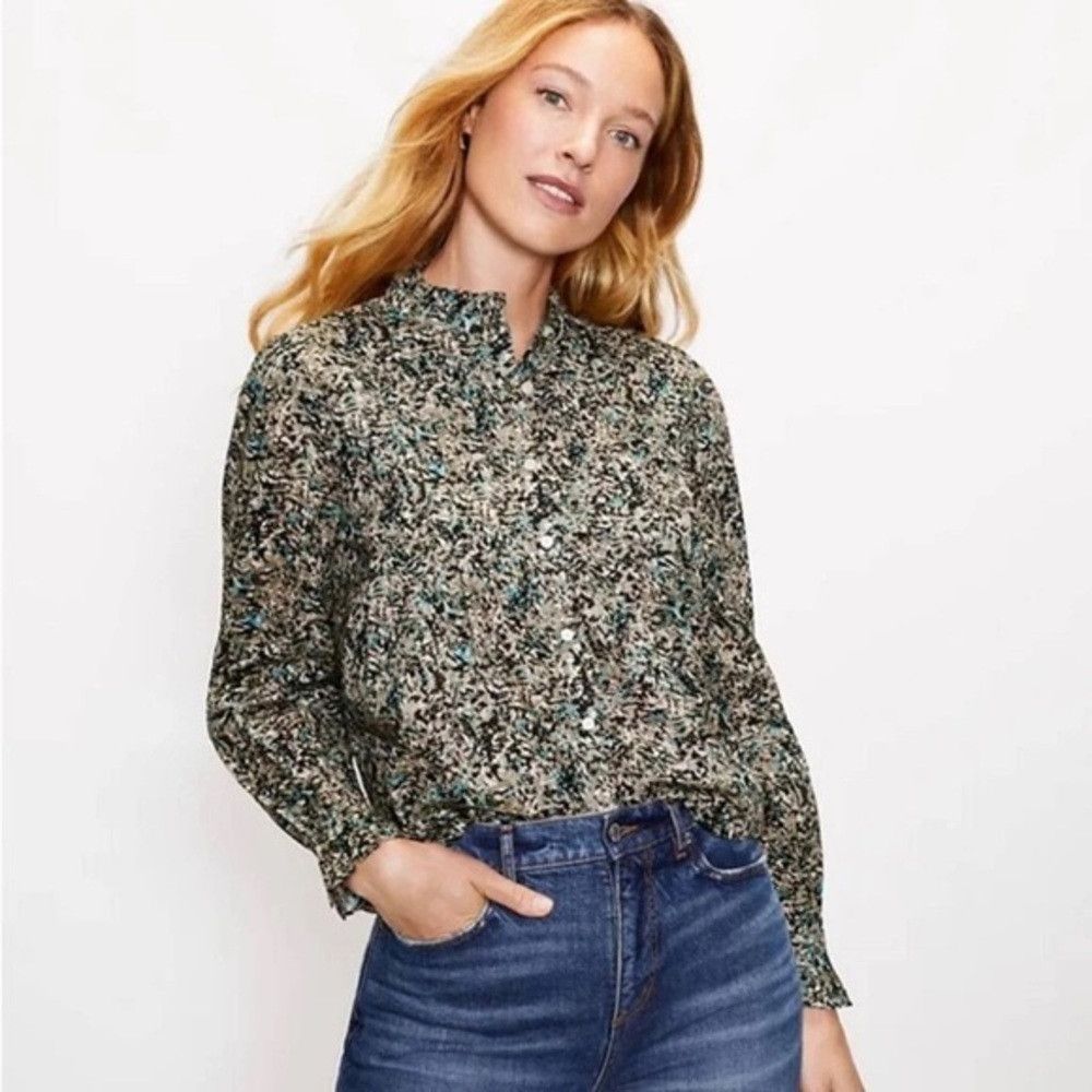 Loft Loft Floral Cotton Long Sleeve Mock Neck Blouse Size XL Size XL / US 12-14 / IT 48-50 - 1 Thumbnail