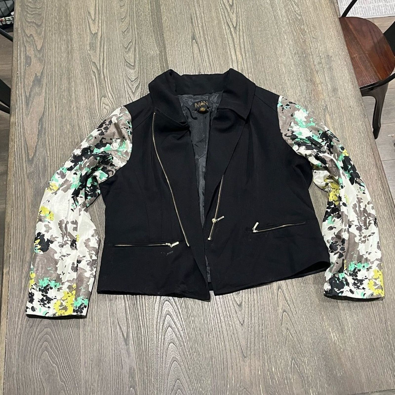 Vintage IMAN Moto Jacket Long Floral Sleeve Zip-Up Black Plus Siz 1X Size XL / US 12-14 / IT 48-50 - 1 Thumbnail